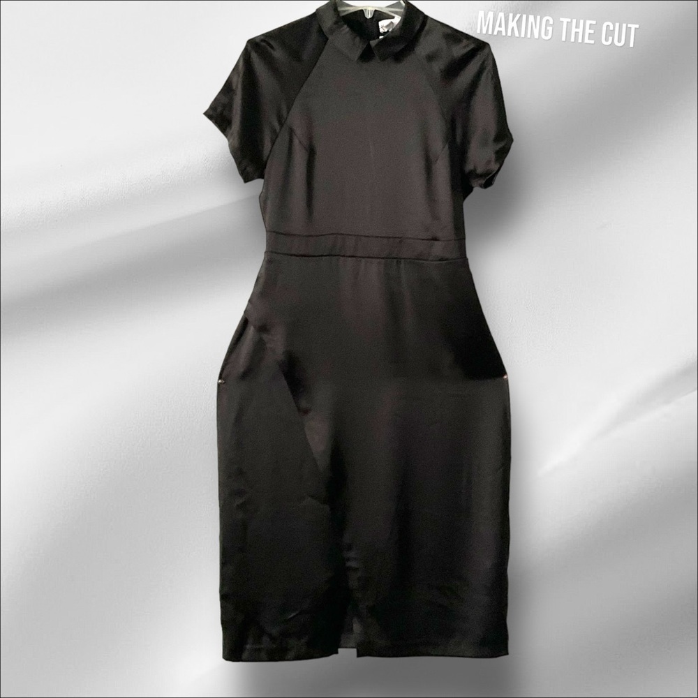 Making the Cut Satin Black Midi‎ Asymmetrical Little Black Cocktail Dress SZ M